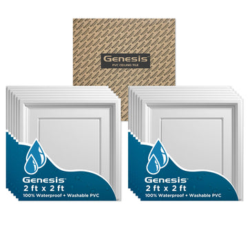 2ft x 2ft White Icon Coffer PVC Ceiling Tiles (12 Tiles) by Genesis – 12 Pack, Polyvinyl Chloride (PVC), White, Model 75300CA