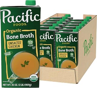 Pacific Foods Organic Unsalted Chicken Bone Broth, 32 oz Carton (12 Pack)
