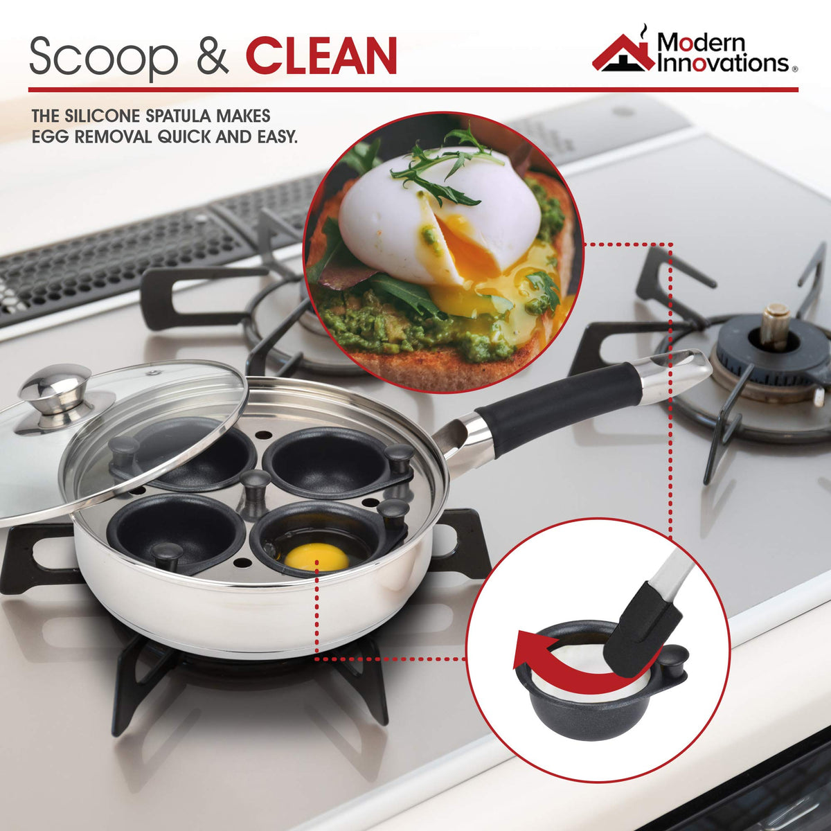 Egg Poacher Pan for Perfect Poached Eggs by Modern Innovations – 4 Egg Cups Pan, 45.0 milliliters, Stainless Steel, Glass, Teflon, Silicone, Silver, Model MI 1085 b