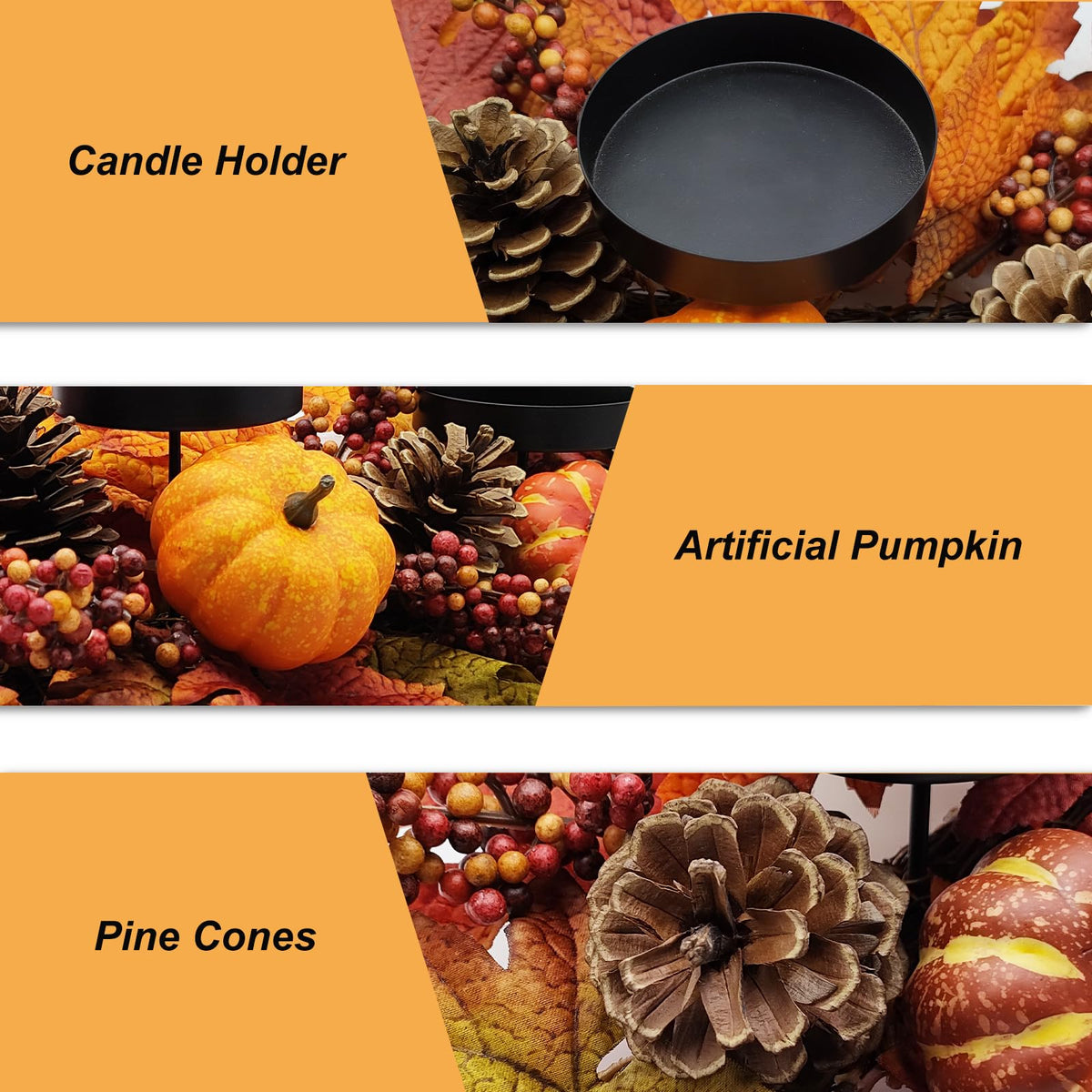 Sunnypack Fall Harvest Candle Holder, 27.5 Inch Triple Pillar, Pumpkin Pine Cone Berry