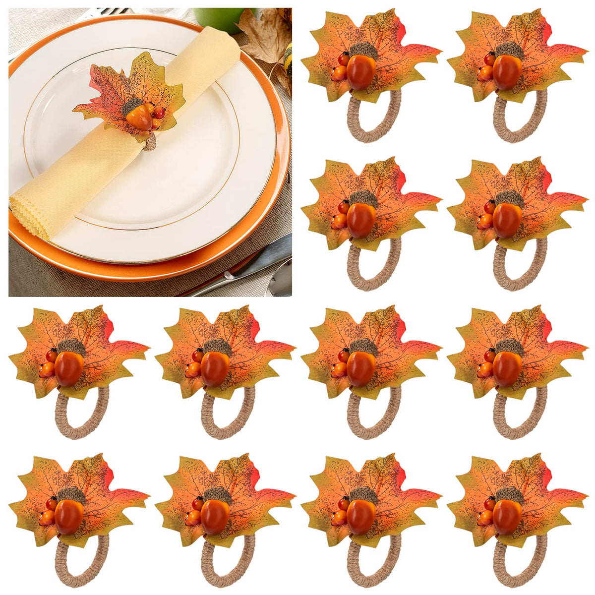 Alphatool Thanksgiving Napkin Rings, Maple Leaf Acorn Design, Set of 12