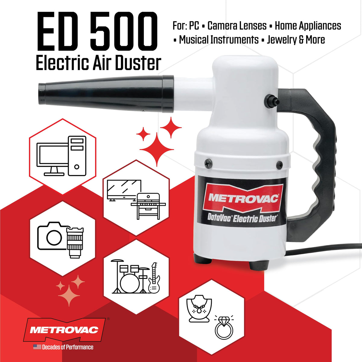 DataVac Computer Duster & Cleaner Super Powerful Electronic Dust Blower Environmentally Friendly by METROVAC – Alloy Steel, Model FBA_ED-500STR-Wht