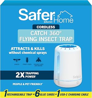 Safer Home Catch 360° Cordless Flying Insect Trap | UV LED Light, 10 Day Rechargeable Battery, Fruit Fly Traps for Indoors, Gnat Traps for House Indoor, 1 Device + 6 Glue Cards