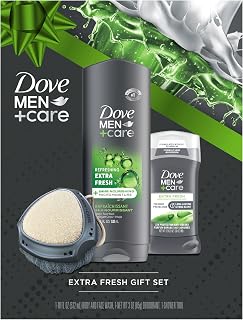 Men+ Care Gift Set – Dove Face + Body Wash, Dove Antiperspirant, Refreshing Extra Fresh Scent, Dove Active Clean Dual-Sided Shower Tool, Christmas Gifts for Men (3 Piece Set)