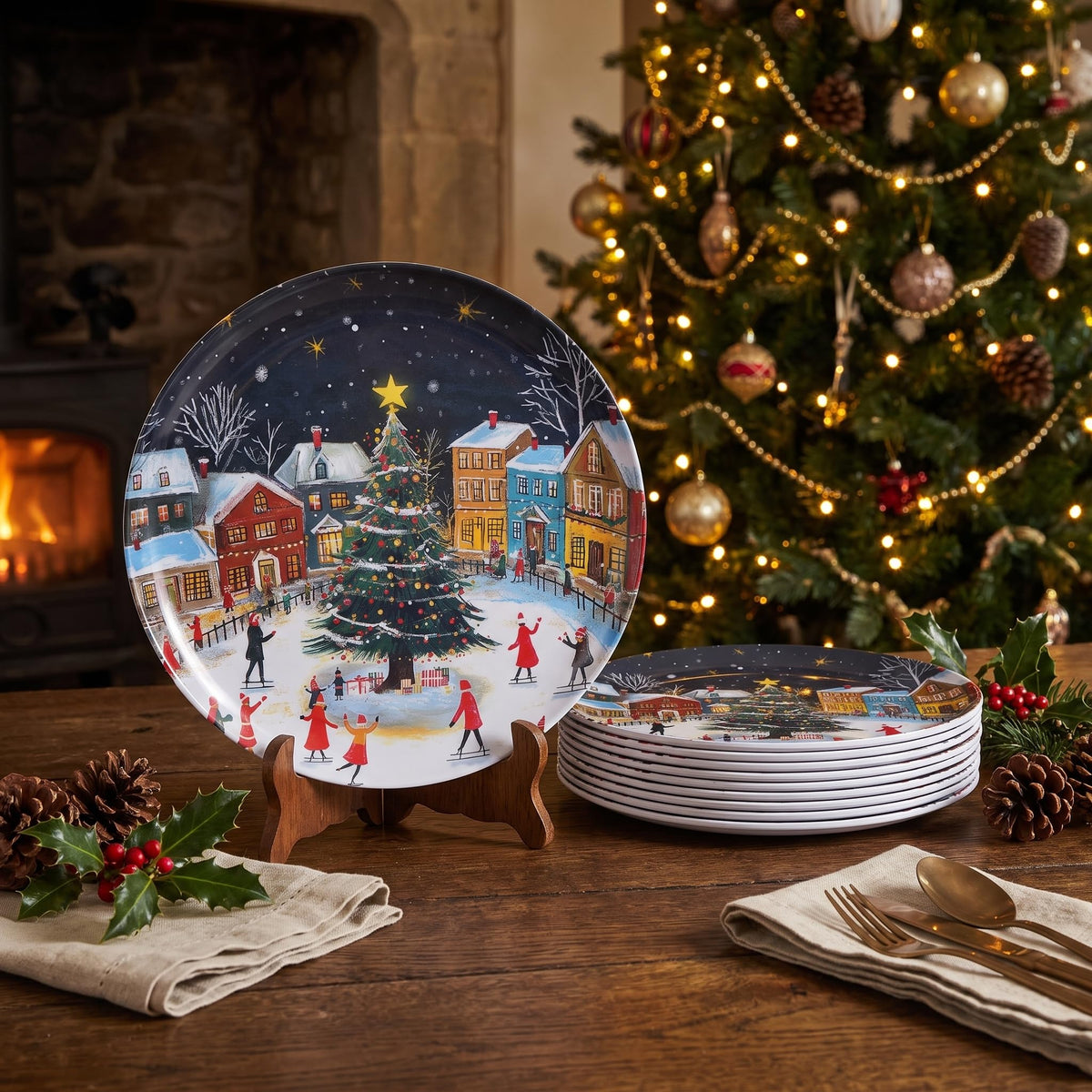 Molidiki Melamine Dinner Plates, 10.5 Inch Round, Snow House Christmas Set of 12