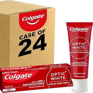Colgate Optic White Stain Fighter Anticavity Fluoride Teeth Whitening Toothpaste, Enamel-Safe for Daily Use, Prevents New Stains, Clean Mint, Pack of 24, 4.2 oz
