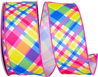 Reliant Ribbon 94096W-OP2-40H Plaid Diagonal Bright Wired Edge Ribbon, 2-1/2 Inch X 20 Yards, Op Primary Op