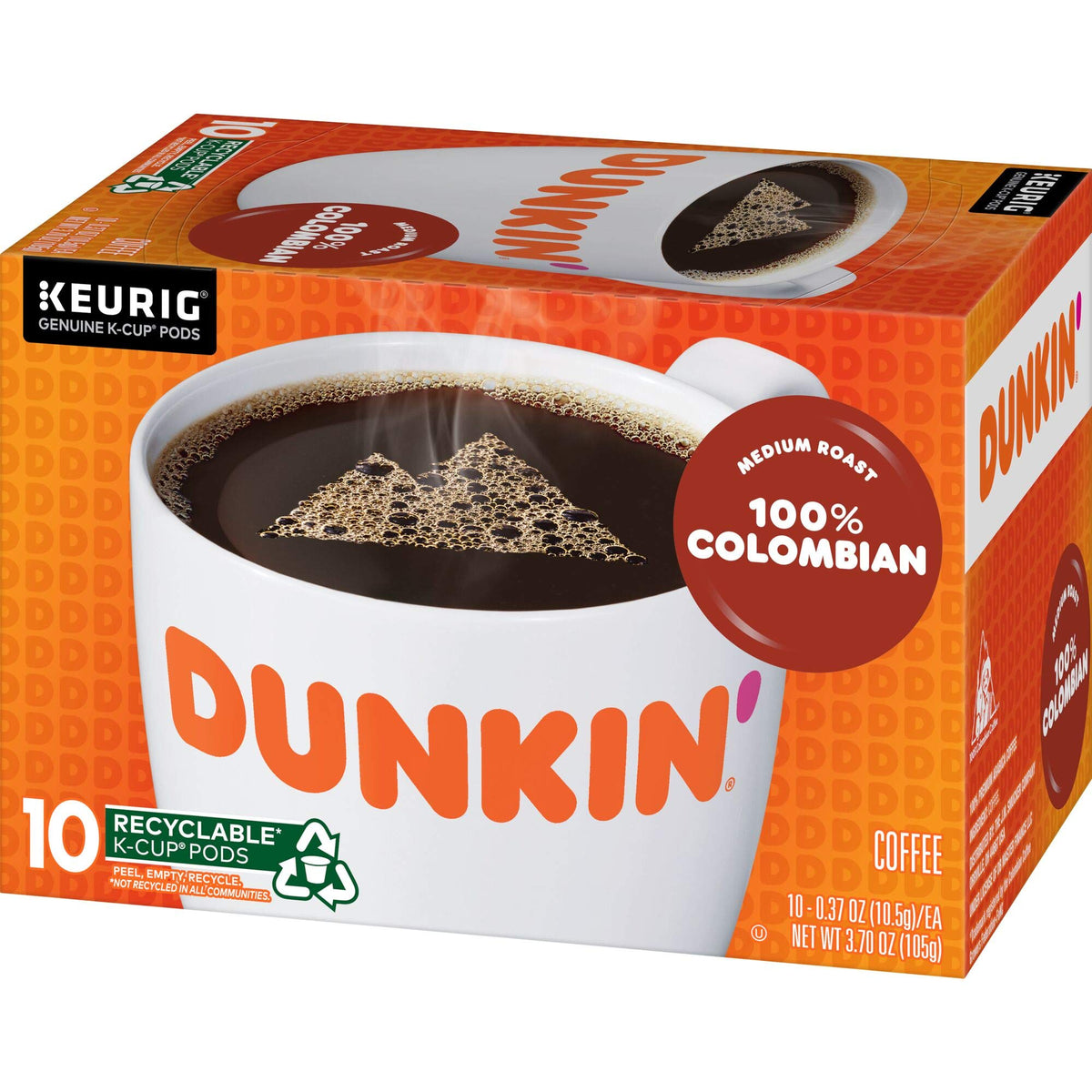 100% Colombian Medium Roast Coffee by Dunkin' – 1 Count (Pack of 10), Pack of 10
