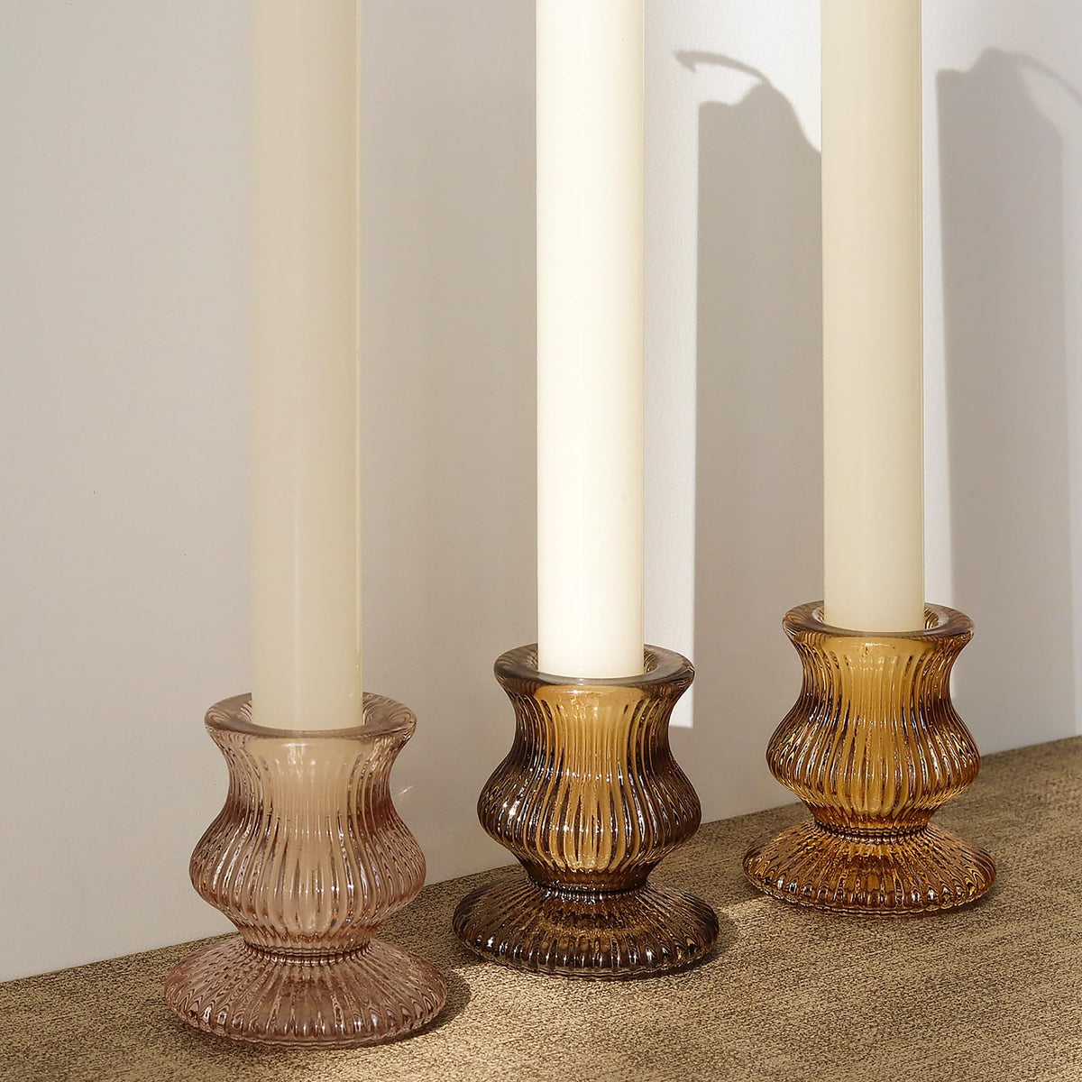 WDHODEC Glass Candlestick Holders, 12 Piece Set, Brown & Amber