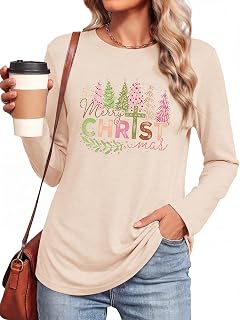 Christmas Shirts for Women Merry Christmas Print Long Sleeve Tops