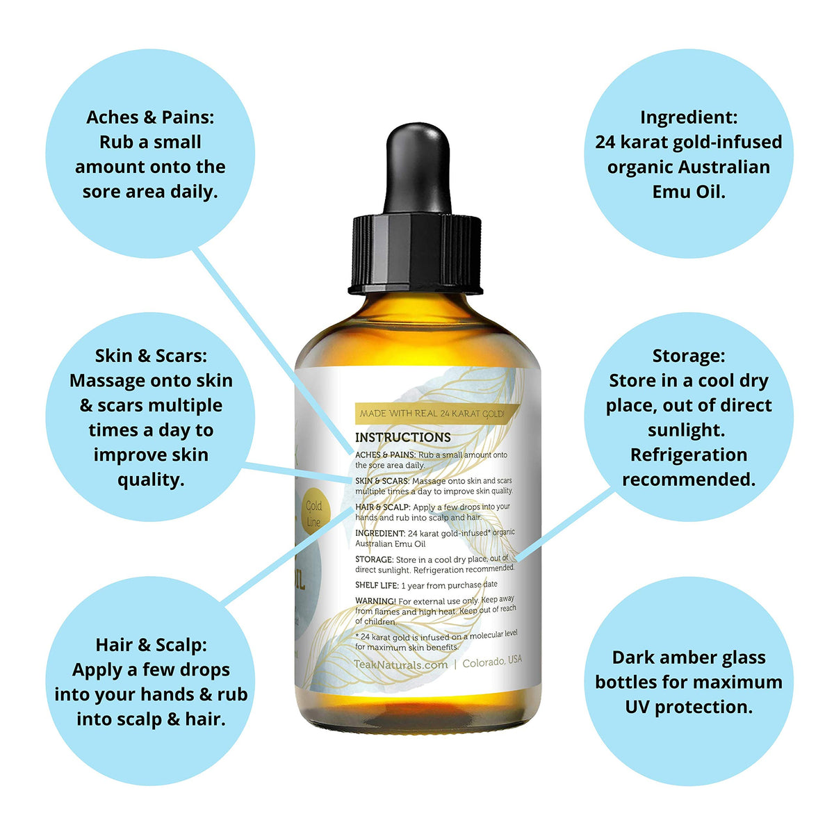 24K Gold Emu Oil by Teak Naturals – 4 Fl Oz (Pack of 1), teak, Gold,Teak