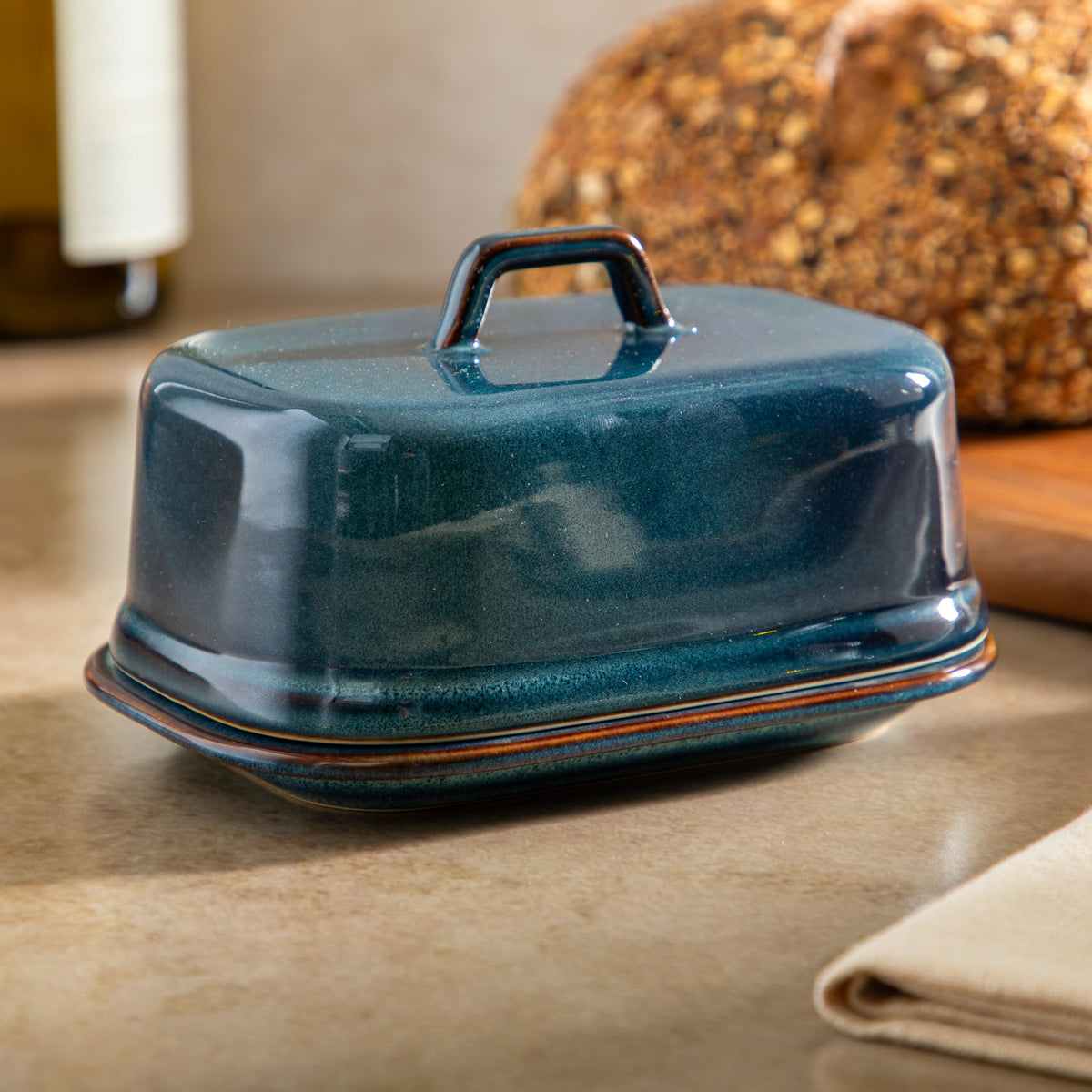 Gibson Elite Stoneware Butter Keeper with Lid, Blue Reactive Glaze, 6 Inch