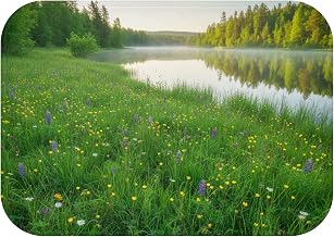 Premium Bath Mat with Memory Foam Microfiber and Anti-Slip Backing - Lakeside Meadow Glowing Green with Wildflowers