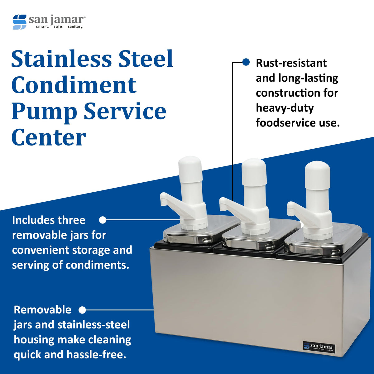 CFS Jamar Stainless Steel Condiment Pump Service Center with 3 Wells Black Jars by San Jamar – 14 inches x 7.875 inches x 12.5 inches, 1.0 fluid_ounces, Model P9713