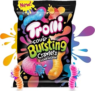 Trolli Sour Bursting Crawlers Gummy Worms Candy, 4.25 oz | Sour gummy worms, bursting center, peg bag, snacking, on-the-go, party, novelty texture