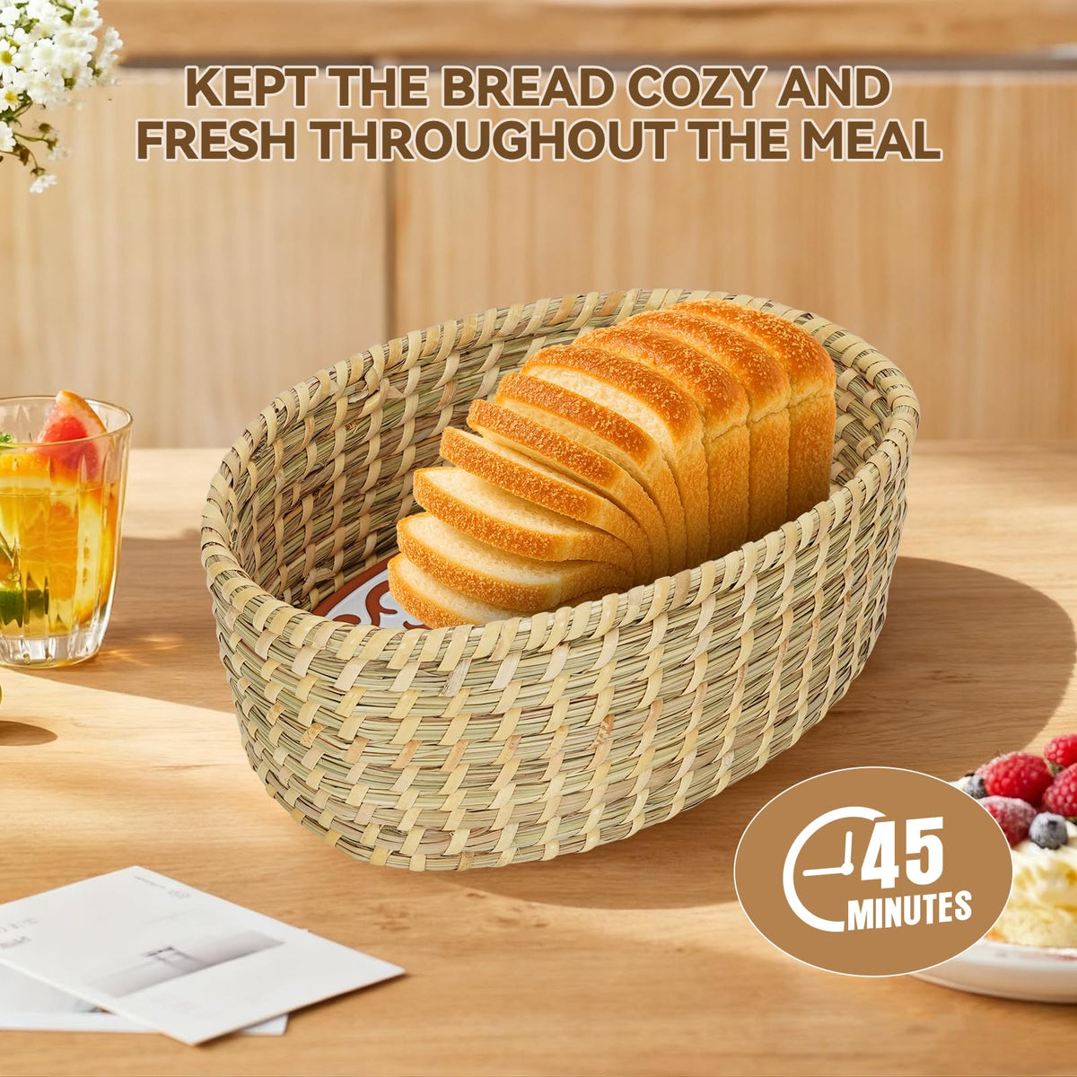 Willow Weave Woven Serving Basket with Warming Stone, Natural, 12 x 8.25 x 4.7 Inches