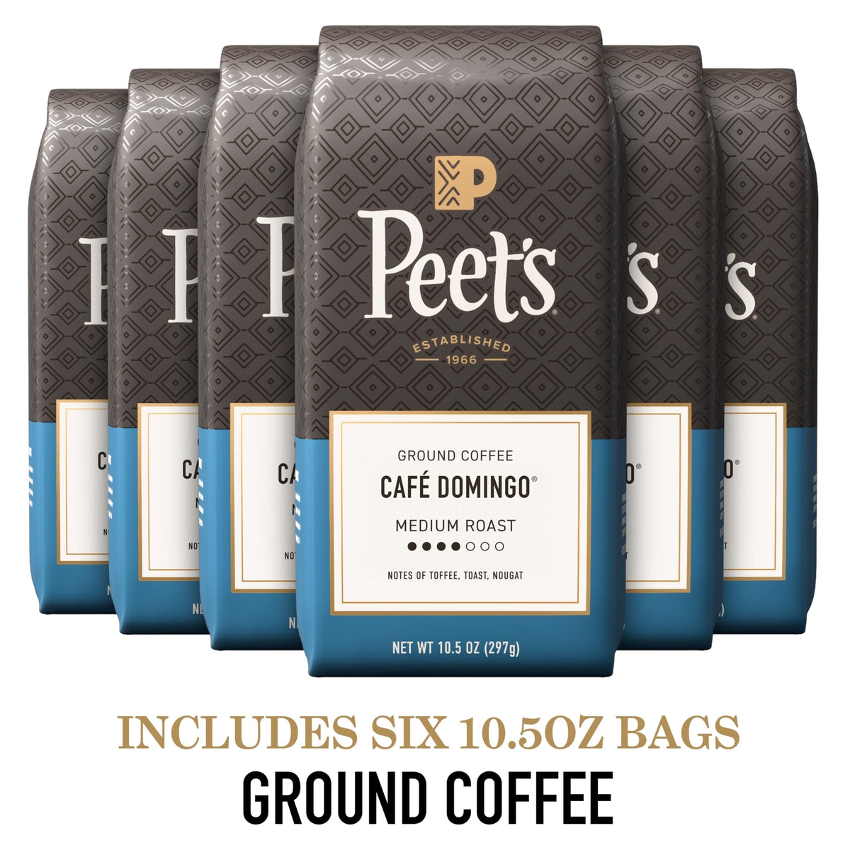 Ground Coffee Medium Roast by Peet's Coffee – 10.5 Ounce (Pack of 6), Cafe Domingo, Pack of 6, Model Coffee-Ground Coffee 63oz - Ground Coffee