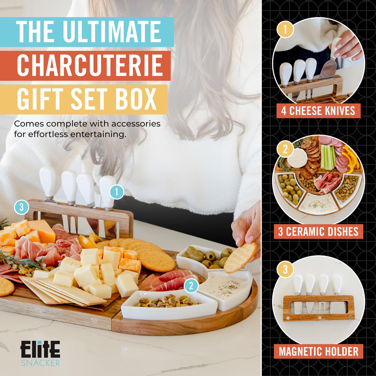 The Elite Snacker Charcuterie Board Set, Acacia Wood Magnetic, Large