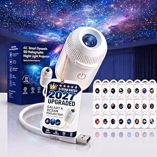 2027 Upgraded Hd Smart Dynamic 5d Holographic Night Light Projector, Plug and Play Hd Star Projector, 360° Adjustable Galaxy and Ocean for Bedroom Ceiling，24 Projection Films