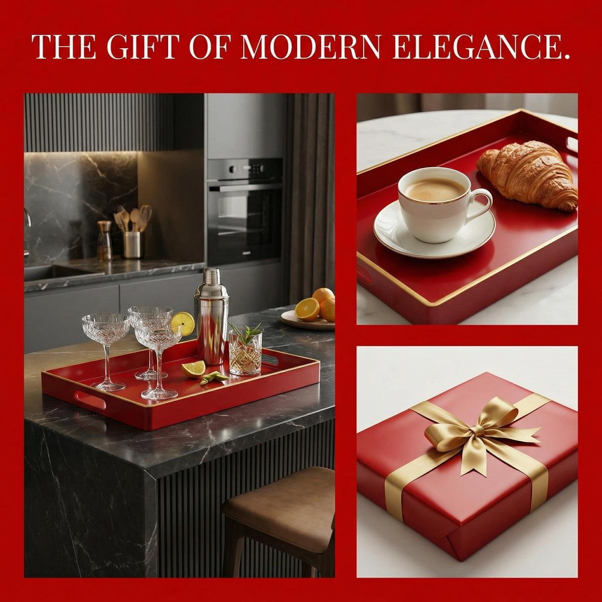 Umisriro Decorative Serving Tray, Plastic Rectangular with Handles, Red