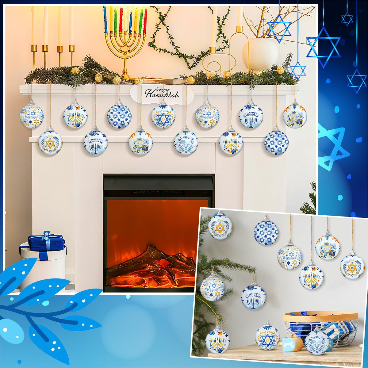 Outus Hanukkah Ball Ornaments, 16 Pack, Blue and White with Star of David