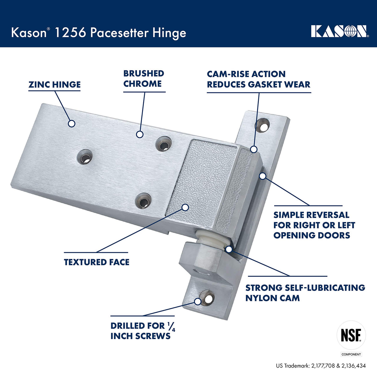 Hinge, Textured Brush Chrome by Kason – Nylon, Chrome, Model 1256-000004