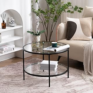 VINGLI 25.6" Glass Coffee Table, Round Coffee Tables for Living Room, Black | 2-Tier Clear Coffee Table with Storage, Small Coffee Table for Small Spaces, Modern Center Table Mesa de Centro para Sala