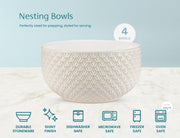 KooK Ceramic Nesting Bowls, Embossed Stoneware, Set of 4, Ivory