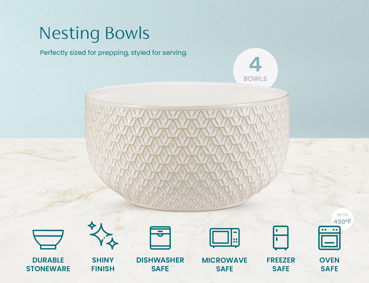 KooK Ceramic Nesting Bowls, Embossed Stoneware, Set of 4, Ivory