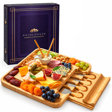 RoyalHouse Bamboo Cheese Board with Slide Out Knife Drawer, Medium to Large, Natural