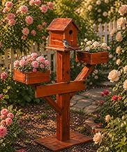 39-inch Red Cedar Birdhouse Planter Stand – Amish Handcrafted, Rustic Red Cedar, Garden Accent with Two 8-inch Flowerpots and Birdhouse for Songbirds