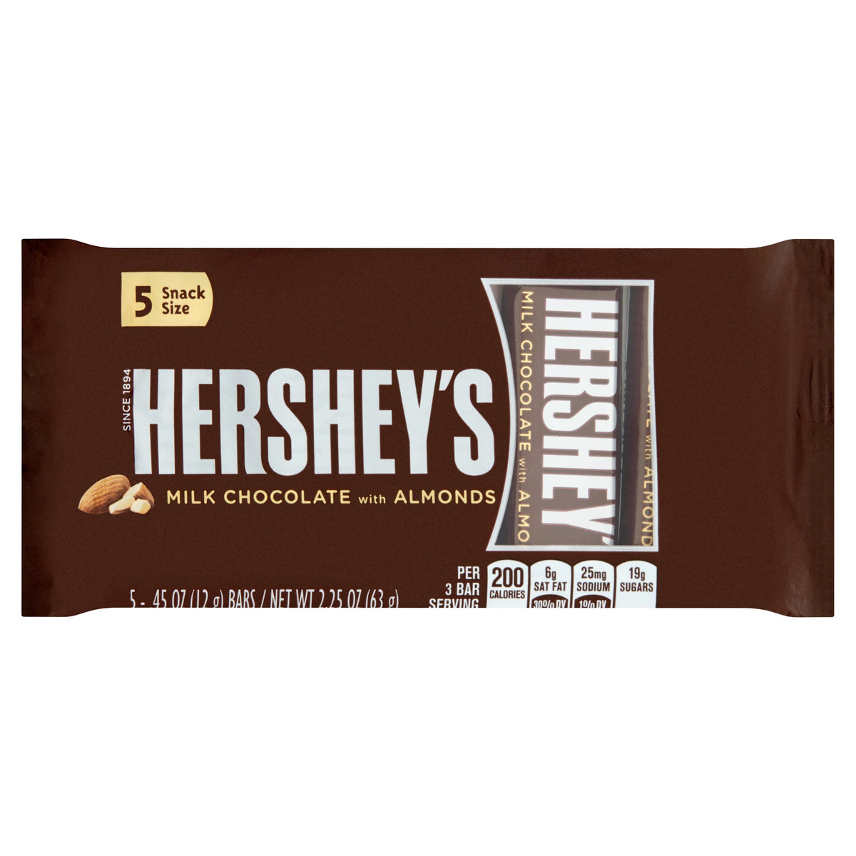 Milk Chocolate with Almonds Snack Size 5 x .45 oz (2.25 oz) by HERSHEY'S – 0.45 Ounce (Pack of 5), Pack of 5