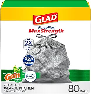Glad ForceFlex MaxStrength Drawstring XL Kitchen Trash Bags, 20 Gal, Gain, 80 Ct (Package May Vary)