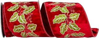 Reliant Ribbon Holly Sequin Embroidery Velvet Deluxe Mesh Backed Wired Edge Ribbon, Red/Green