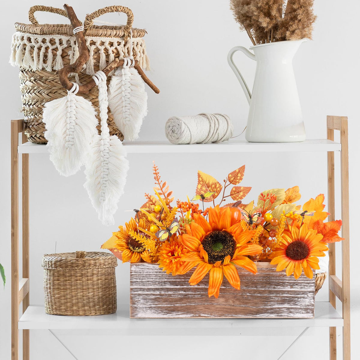Dlerom Artificial Fall Arrangement, Wooden Crate Centerpiece, Orange
