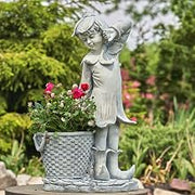 30" Tall Magnesium Fairy Statue with a Planter Side Basket (Antique White)