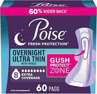 Poise Ultra Thin Incontinence Pads for Women, 8 Drop, Wings, Long, 60 ct