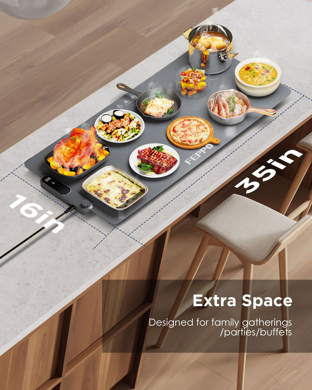 FEPPO Food Warming Mat, Silicone Electric Tray, 35x16 Inch Gray