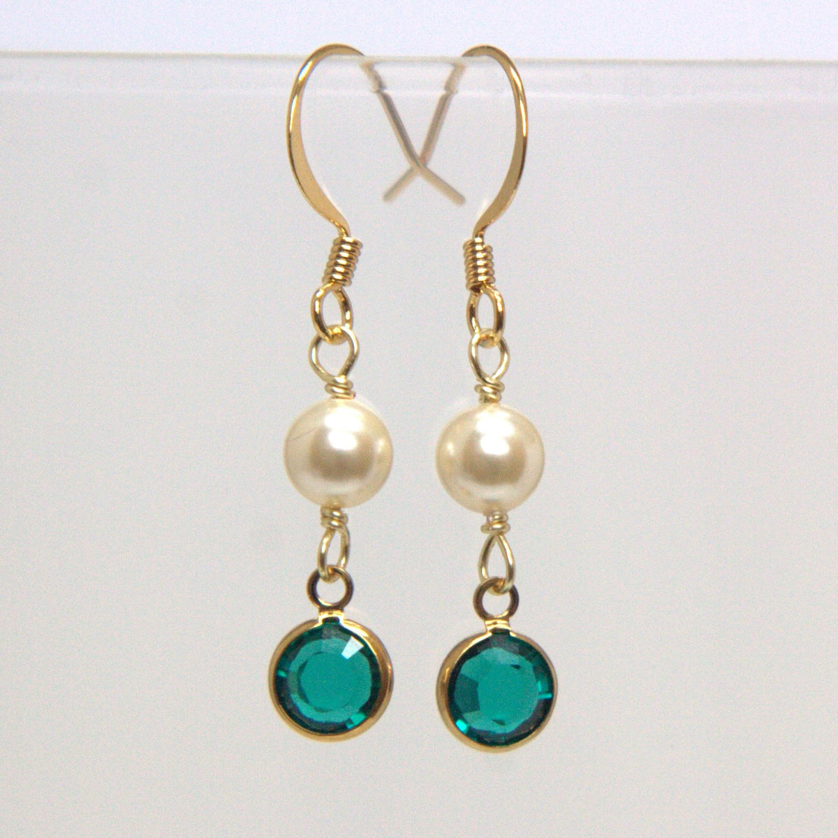 Crystal Channel Drop Dangle Earring - Emerald Color by Martiana Jewelry – 1 inch, Crystal, Pearl, Gold Tone Ear Hook, Emerald Color, Model MJ-E109