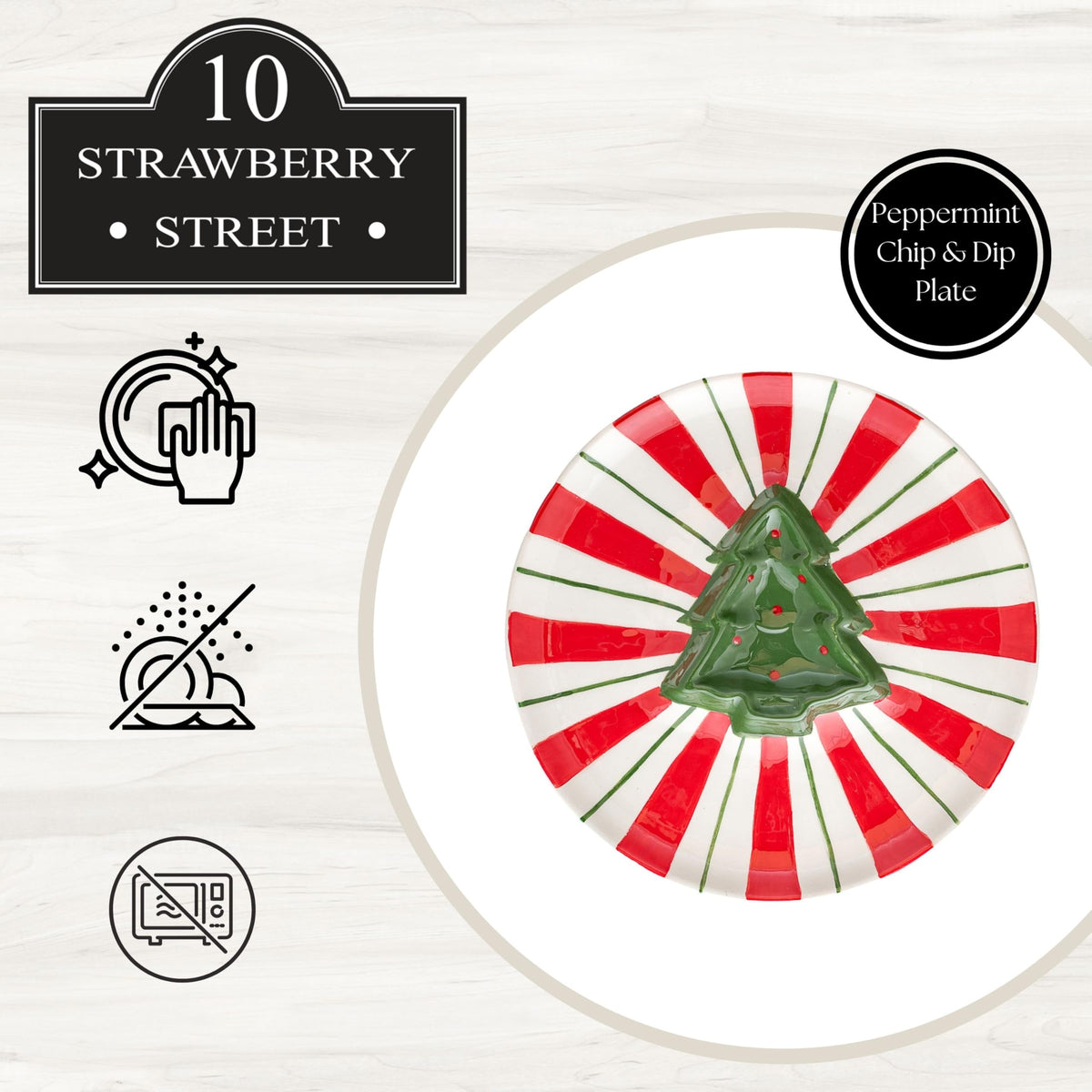 Peppermint Tree Chip & Dip Plate by 10 Strawberry Street – Large, Dolomite, Peppermint Red & Green, Model CDT-14-40-002-DS