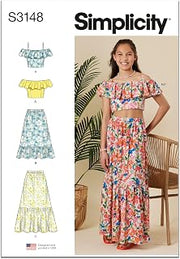 Simplicity S3148 Girls' Ruffle Top & Midi or Ankle-Length Skirt Sewing Pattern, Sizes 7-14