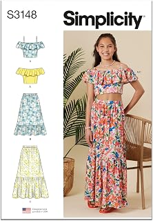 Simplicity S3148 Girls' Ruffle Top & Midi or Ankle-Length Skirt Sewing Pattern, Sizes 7-14