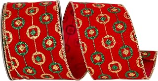 Reliant Ribbon Velvet Glitter Ornament Lines Wired Edge, Red, 2-1/2 Inch, 10 Yards