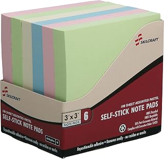 AbilityOne 4850731 Skilcraft Self-Stick Plain Note Pad, Assorted Pastel, 3" x 3"