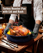 MCCSI Enamel Roasting Pan with Lid and Rack, 18 Inch Oval, Midnight Blue