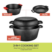 3-in-1 Dutch Oven & Skillet Combo by Modern Innovations – 5 quarts, Cast Iron, Black, Pack of 2, Model 1436
