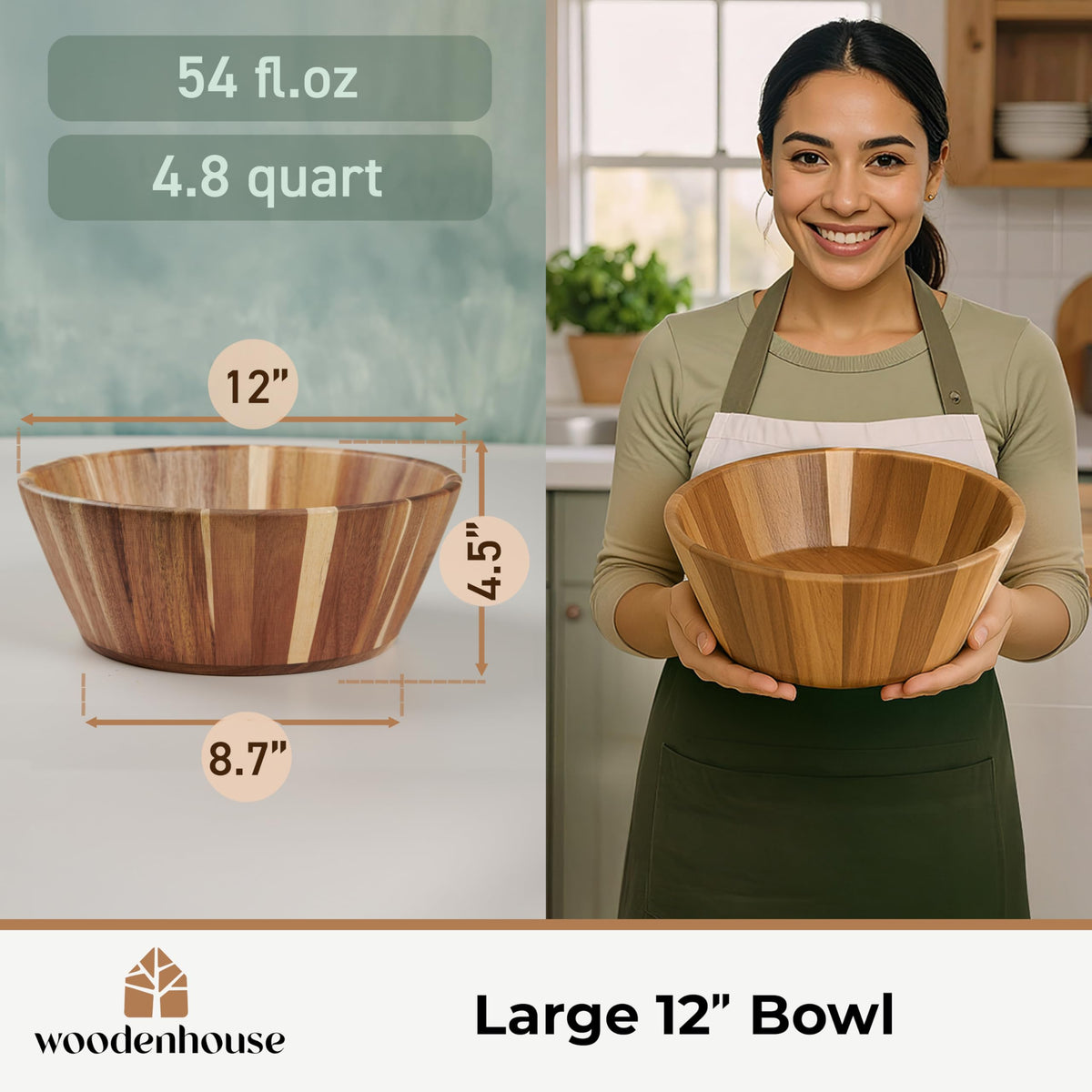 Woodenhouse Handcrafted Wooden Salad Bowl, 12 Inch, Round