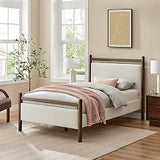 Modway Ginny Twin Platform Bed Frame in Wenge Heathered Ivory - Solid Wood Bed with Padded Headboard and Footboard, Wood Slats, No Box Spring Needed,