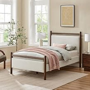 Modway Ginny Twin Platform Bed Frame in Wenge Heathered Ivory - Solid Wood Bed with Padded Headboard and Footboard, Wood Slats, No Box Spring Needed,