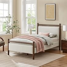 Modway Ginny Twin Platform Bed Frame in Wenge Heathered Ivory - Solid Wood Bed with Padded Headboard and Footboard, Wood Slats, No Box Spring Needed,